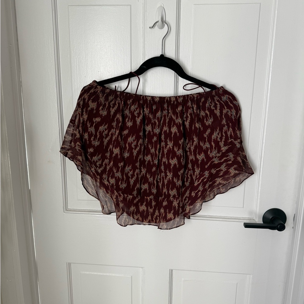 Elizabeth and James Burgundy and Cream Patterned Strapless Blouse